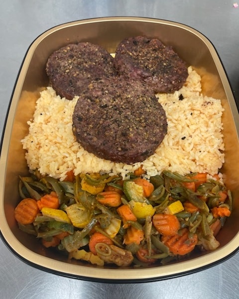hamburger steak, rice, and veggies