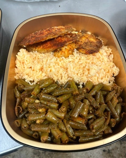 grilled fish, green beans, and rice