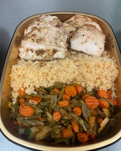 pork tenderloin, rice, and mixed vegetables