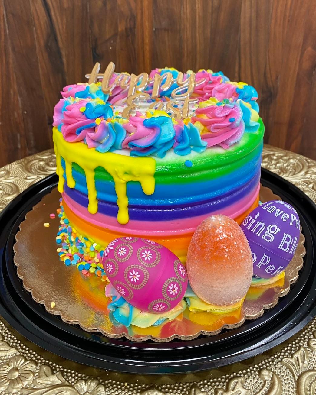 rainbow Easter cake with Easter egg decor