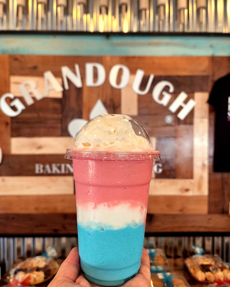 red white and blue frozen coffee drink